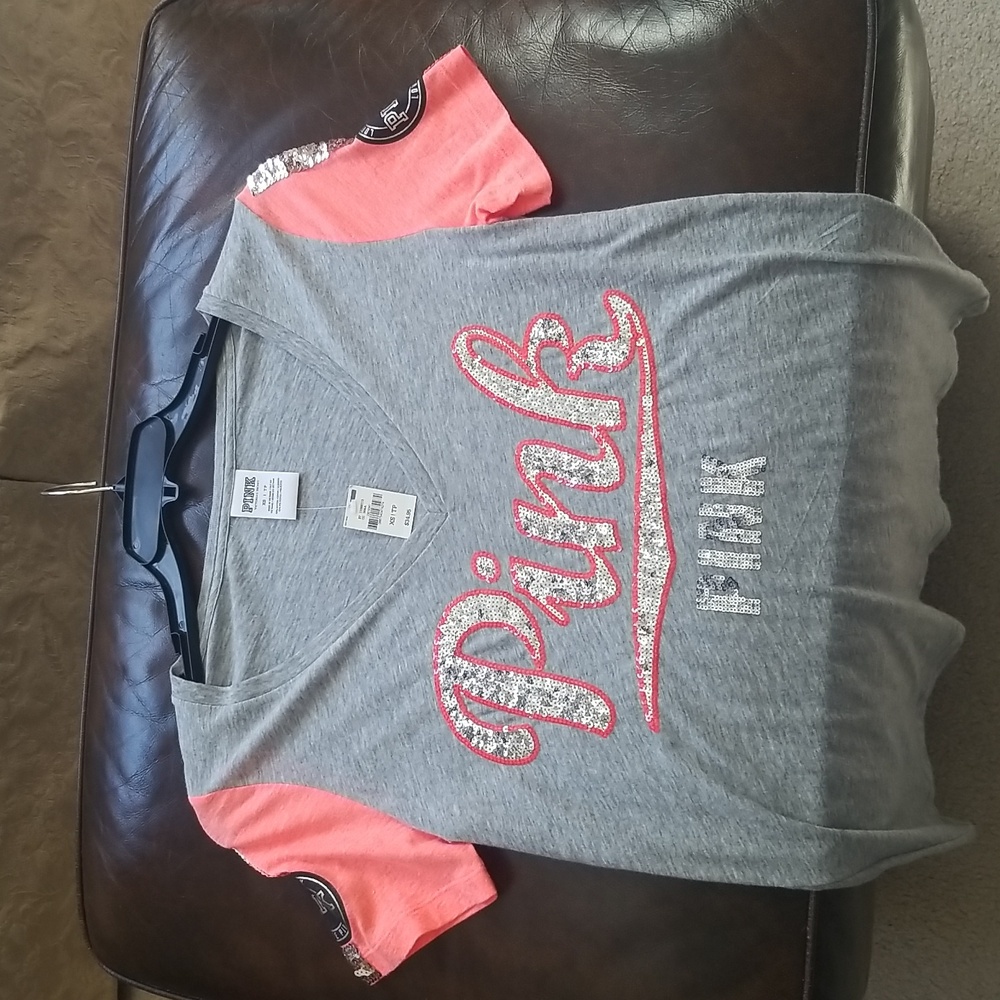 Victoria's Secret Gray Neon Peach Sequin Bling V Neck Short Sleeves Top